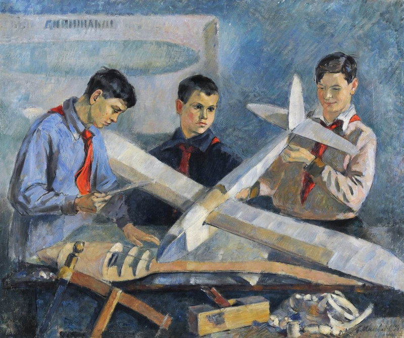 Мальчики-пионеры строят модель самолёта. Картина.