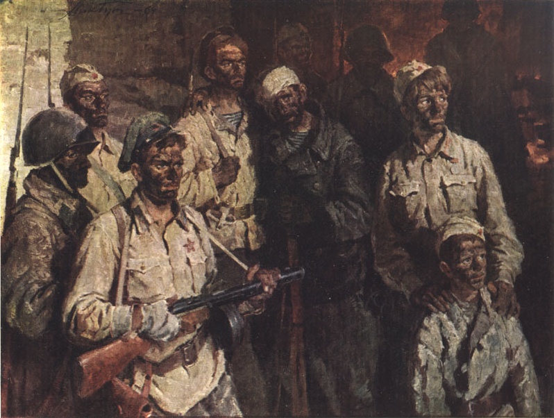 Группа советских солдат с сыном полка в казематах. Картина.
