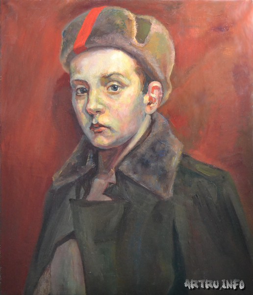 Подросток в ушанке с красной полсоой на фоне красно-кирпичного цвета. Картина.