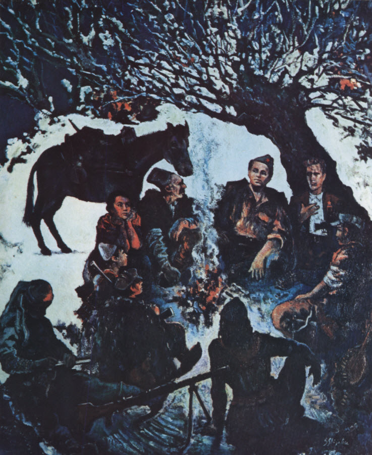 В зимнем лесу партизаны сидят вокруг коста. Картина.