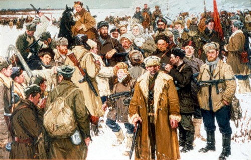 Отряд псковских партизан зимой. Картина.