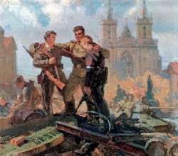 Советские и чешский бойцы на баррикаде в Праге. Картина.