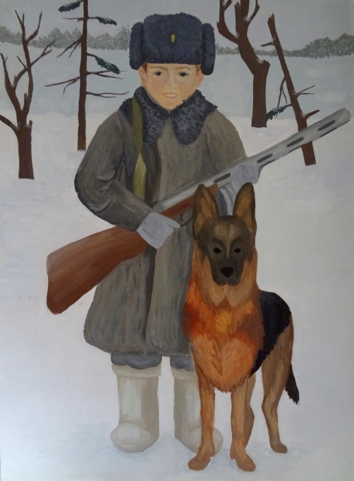 Сын полка в шинели и шапке ушанке держит автомат и собаку на поводке.