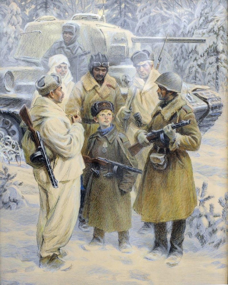 Сын полка в окружении танкистом и пехотинцев. Картина.
