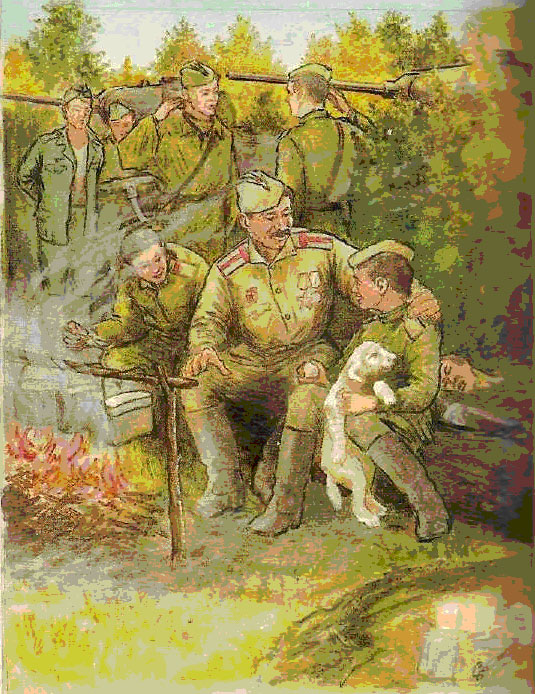 Бывалый солдат тепло беседует с сыном полка, обнимающим собаку. Картина.