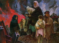 Обездоленные дети на фоне багрового пламени. Картина.