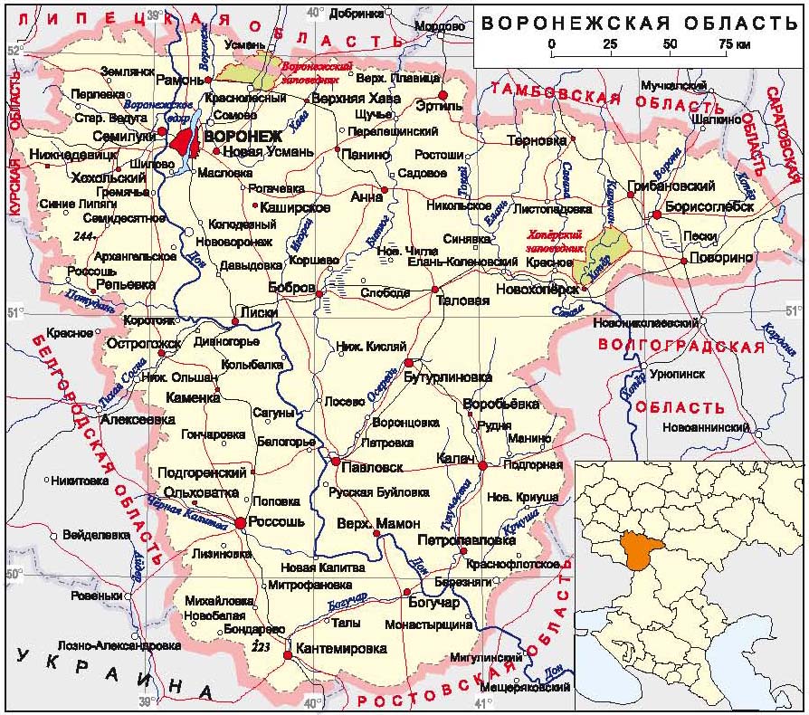 Карта Воронежской области.