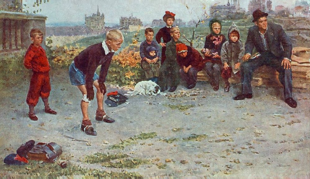 Зрители наблюдают за мальчиком-вратарём, играющим в футбол. Картина.