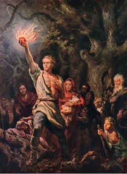 Данко с горящим сердце в руке ведёт людей черз лес. Иллюстрация.